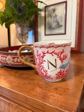 Monogram N Red Coral Porcelain Mug with Gold Anthropologie Lou Rota
